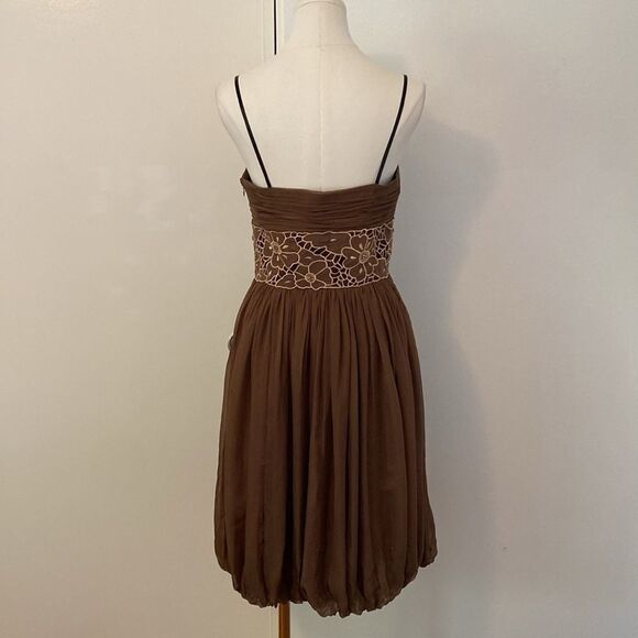 Vintage 00's Laundry by Design Brown Bubble Hem Ruched Silk Dress Size 4 - Picture 6 of 14